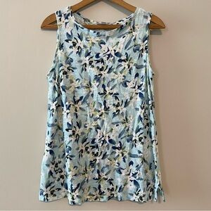 J. Jill Linen Tank Top Small Blue Floral Print Sleeveless Scoop Neck Summer S